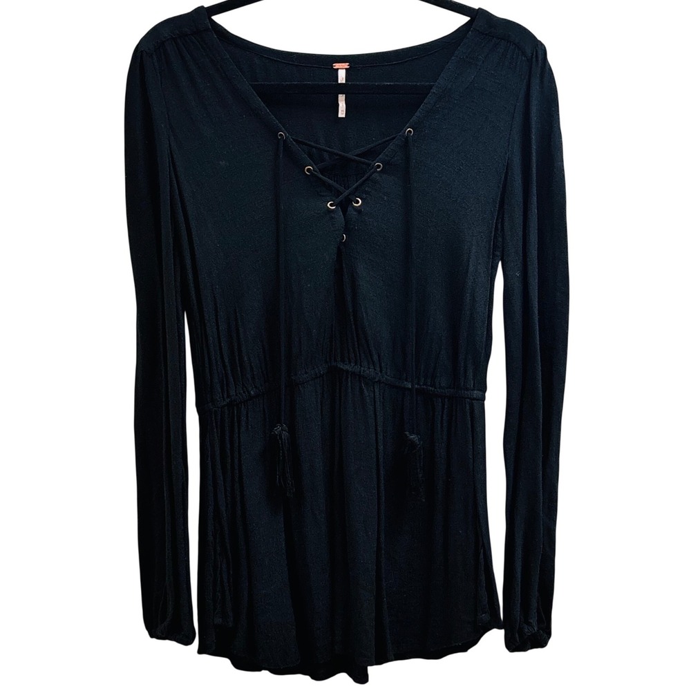 Free People Black Lace Up Tassel Tunic Top Long Sleeve Peplum Blouse XS OB532320